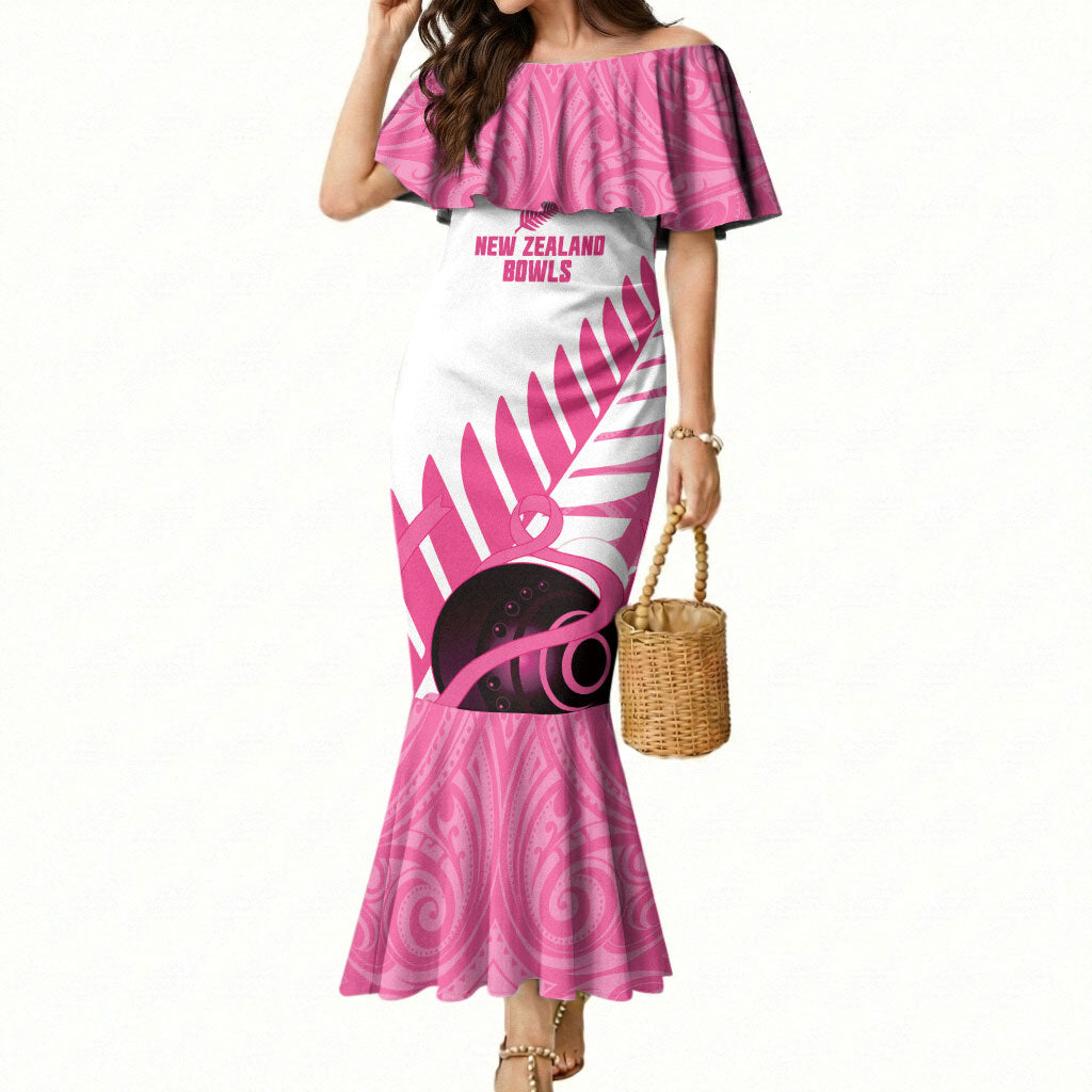 New Zealand Lawn Bowls Breast Cancer Custom Mermaid Dress Aotearoa Maori Silver Fern Pink Ribbon