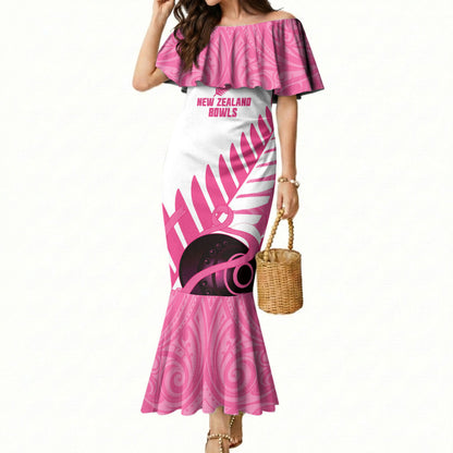 New Zealand Lawn Bowls Breast Cancer Custom Mermaid Dress Aotearoa Maori Silver Fern Pink Ribbon