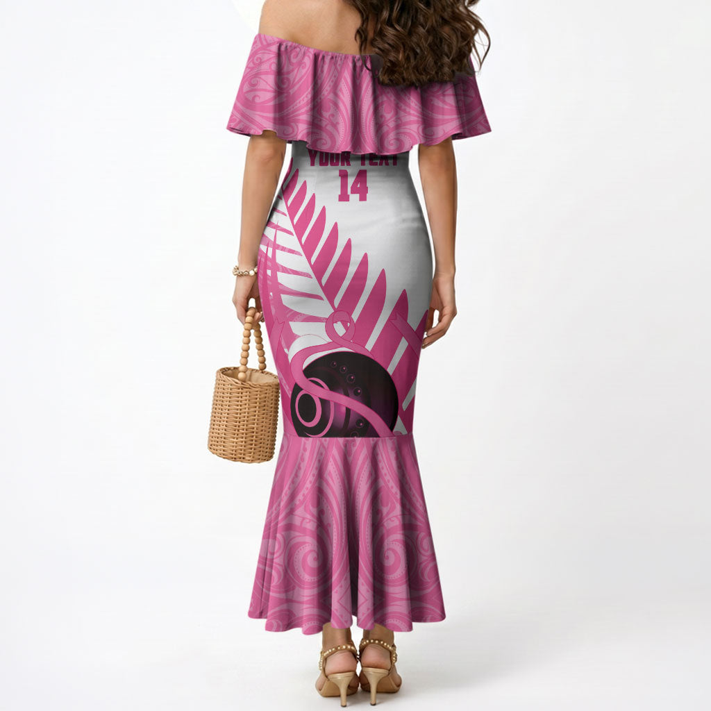 New Zealand Lawn Bowls Breast Cancer Custom Mermaid Dress Aotearoa Maori Silver Fern Pink Ribbon