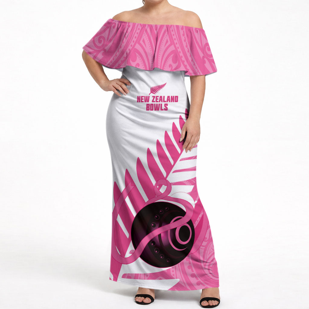 New Zealand Lawn Bowls Breast Cancer Custom Off Shoulder Maxi Dress Aotearoa Maori Silver Fern Pink Ribbon