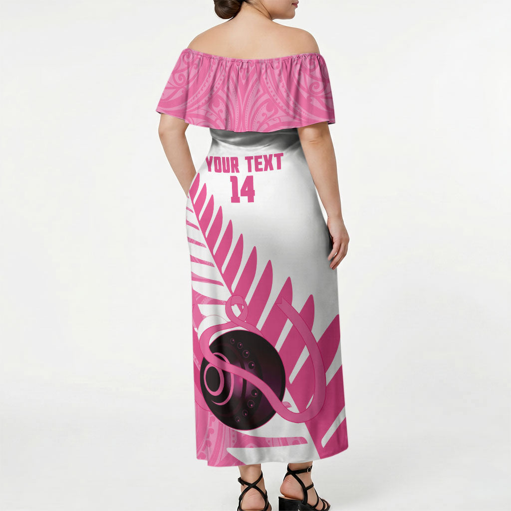 New Zealand Lawn Bowls Breast Cancer Custom Off Shoulder Maxi Dress Aotearoa Maori Silver Fern Pink Ribbon
