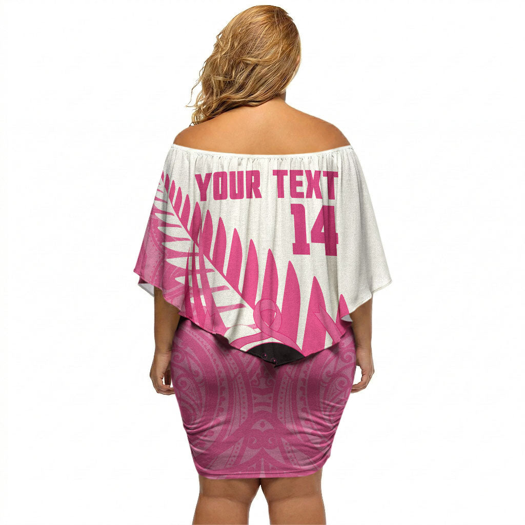 New Zealand Lawn Bowls Breast Cancer Custom Off Shoulder Short Dress Aotearoa Maori Silver Fern Pink Ribbon