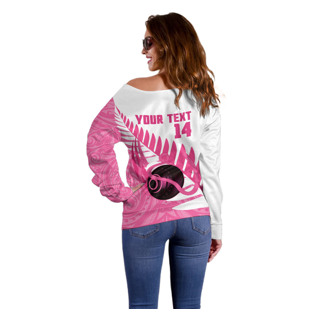 New Zealand Lawn Bowls Breast Cancer Custom Off Shoulder Sweater Aotearoa Maori Silver Fern Pink Ribbon
