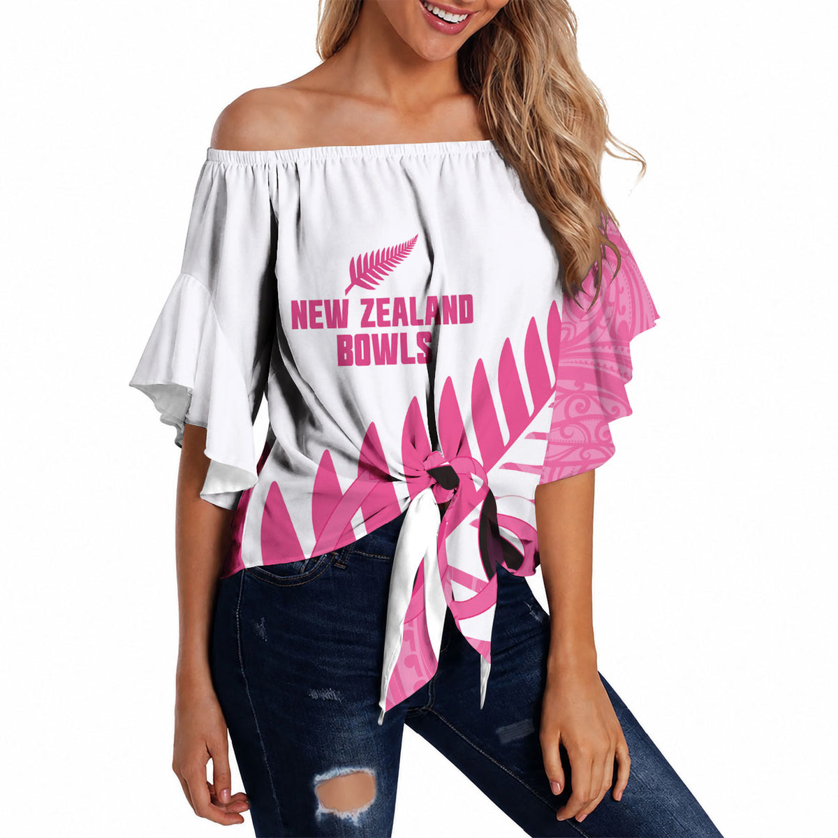 New Zealand Lawn Bowls Breast Cancer Custom Off Shoulder Wrap Waist Top Aotearoa Maori Silver Fern Pink Ribbon