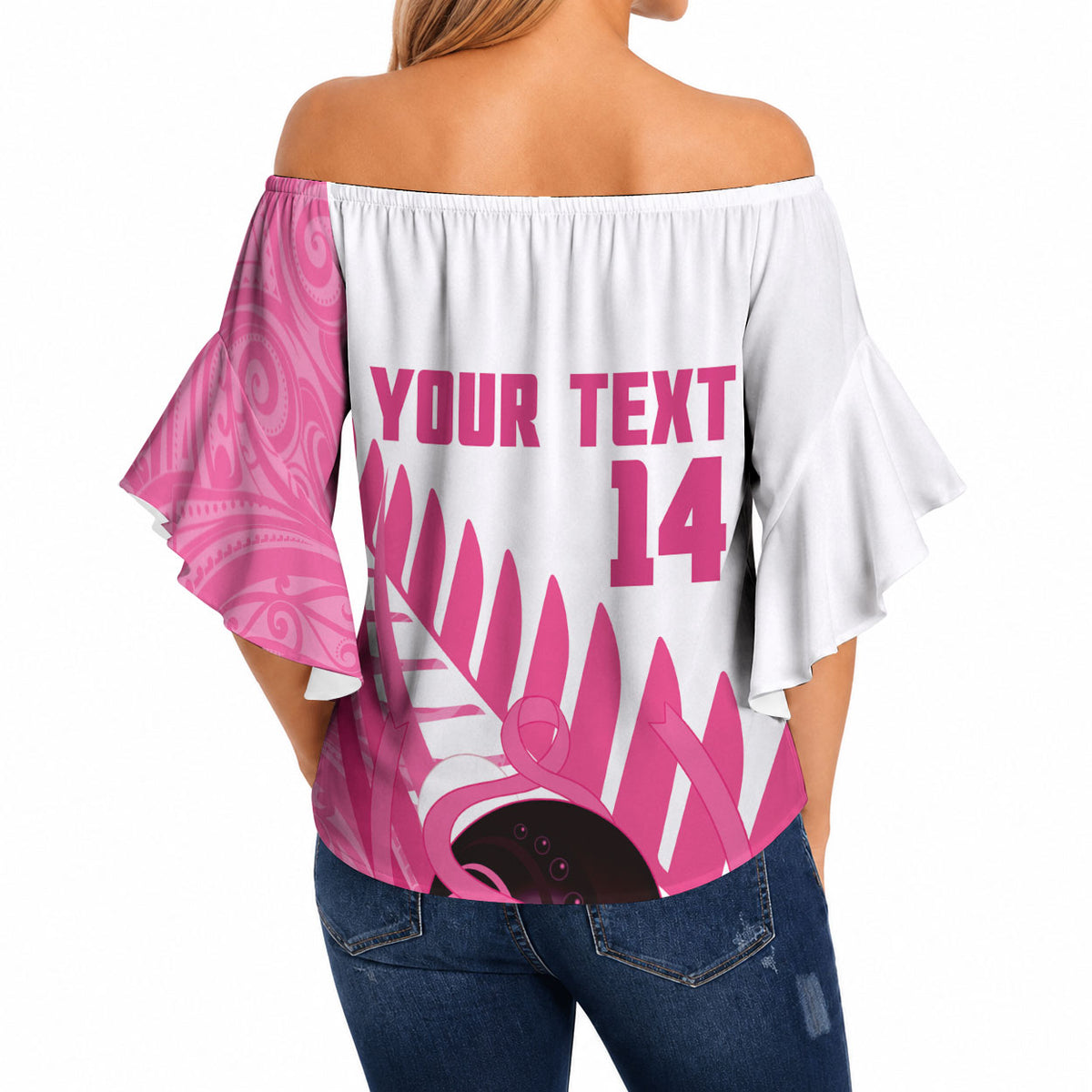 New Zealand Lawn Bowls Breast Cancer Custom Off Shoulder Wrap Waist Top Aotearoa Maori Silver Fern Pink Ribbon