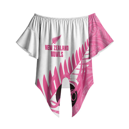New Zealand Lawn Bowls Breast Cancer Custom Off Shoulder Wrap Waist Top Aotearoa Maori Silver Fern Pink Ribbon