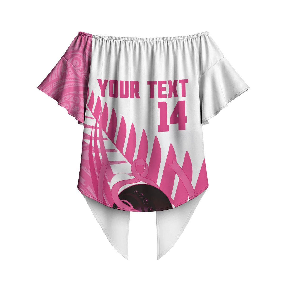 New Zealand Lawn Bowls Breast Cancer Custom Off Shoulder Wrap Waist Top Aotearoa Maori Silver Fern Pink Ribbon