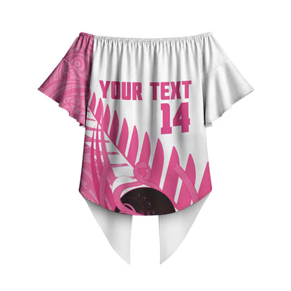 New Zealand Lawn Bowls Breast Cancer Custom Off Shoulder Wrap Waist Top Aotearoa Maori Silver Fern Pink Ribbon