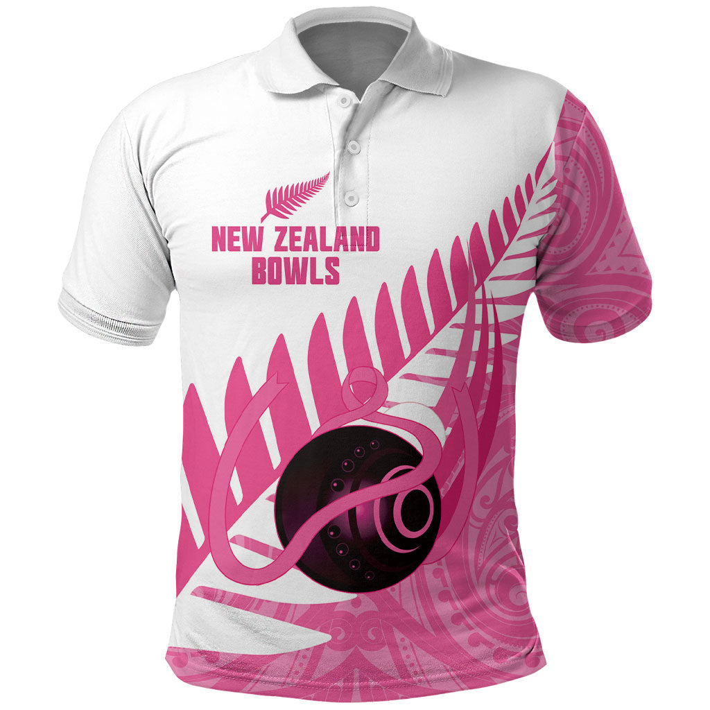 New Zealand Lawn Bowls Breast Cancer Custom Polo Shirt Aotearoa Maori Silver Fern Pink Ribbon