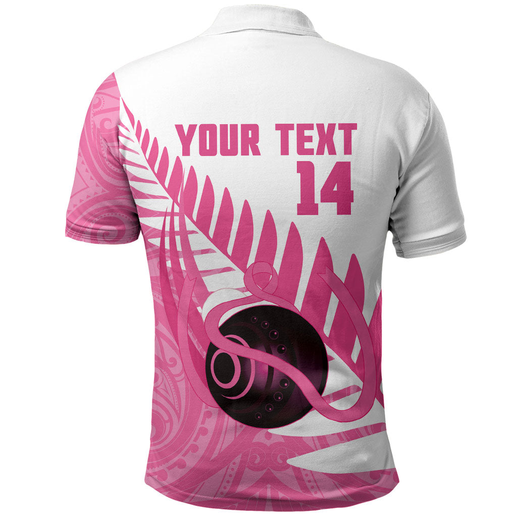 New Zealand Lawn Bowls Breast Cancer Custom Polo Shirt Aotearoa Maori Silver Fern Pink Ribbon