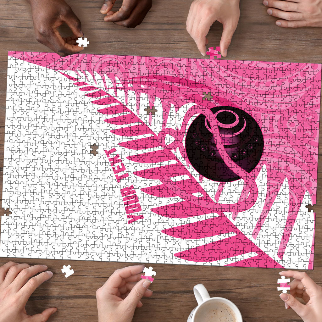 New Zealand Lawn Bowls Breast Cancer Custom Puzzle Aotearoa Maori Silver Fern Pink Ribbon