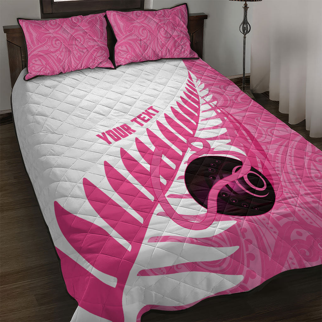 New Zealand Lawn Bowls Breast Cancer Custom Quilt Bed Set Aotearoa Maori Silver Fern Pink Ribbon