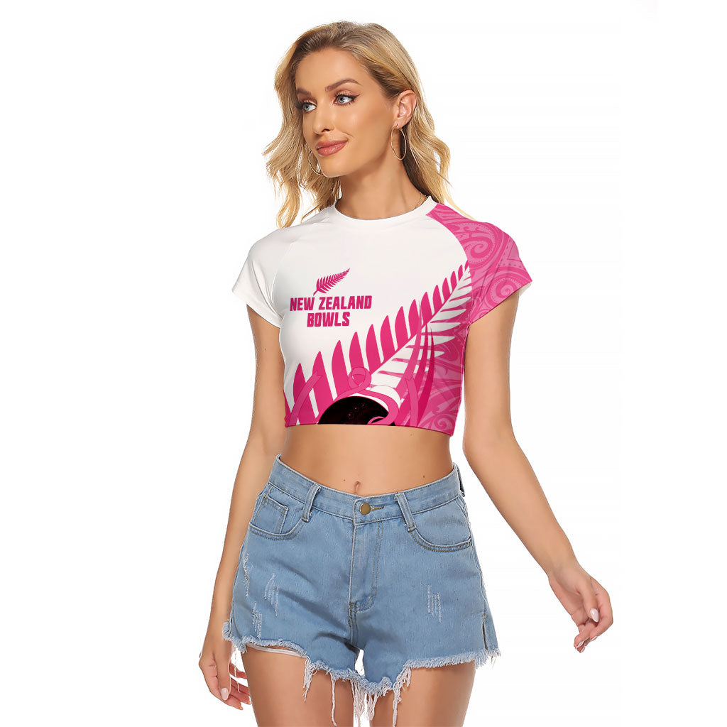 New Zealand Lawn Bowls Breast Cancer Custom Raglan Cropped T Shirt Aotearoa Maori Silver Fern Pink Ribbon
