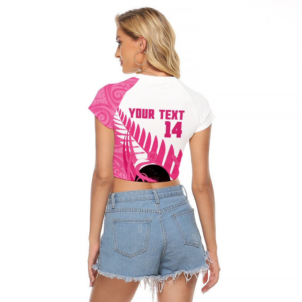New Zealand Lawn Bowls Breast Cancer Custom Raglan Cropped T Shirt Aotearoa Maori Silver Fern Pink Ribbon