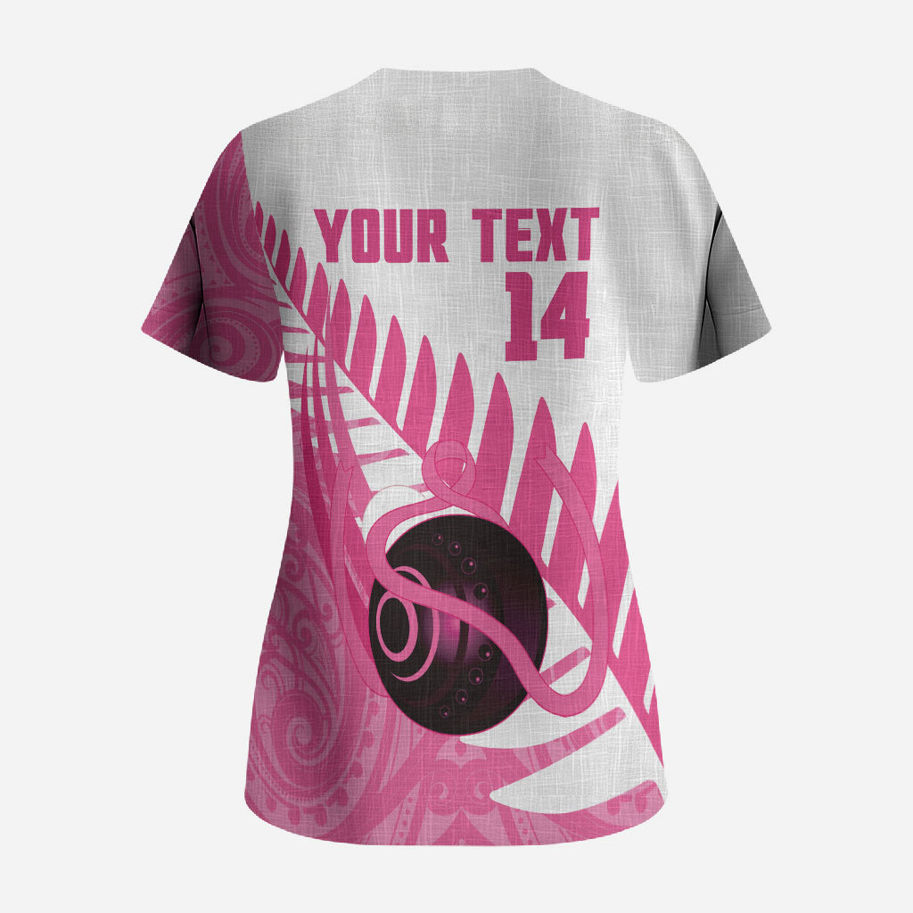 New Zealand Lawn Bowls Breast Cancer Custom Scrub Top Aotearoa Maori Silver Fern Pink Ribbon