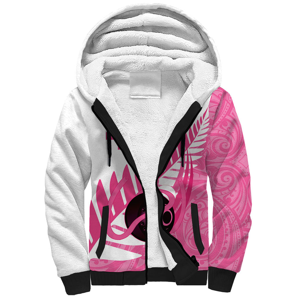 New Zealand Lawn Bowls Breast Cancer Custom Sherpa Hoodie Aotearoa Maori Silver Fern Pink Ribbon