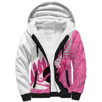 New Zealand Lawn Bowls Breast Cancer Custom Sherpa Hoodie Aotearoa Maori Silver Fern Pink Ribbon
