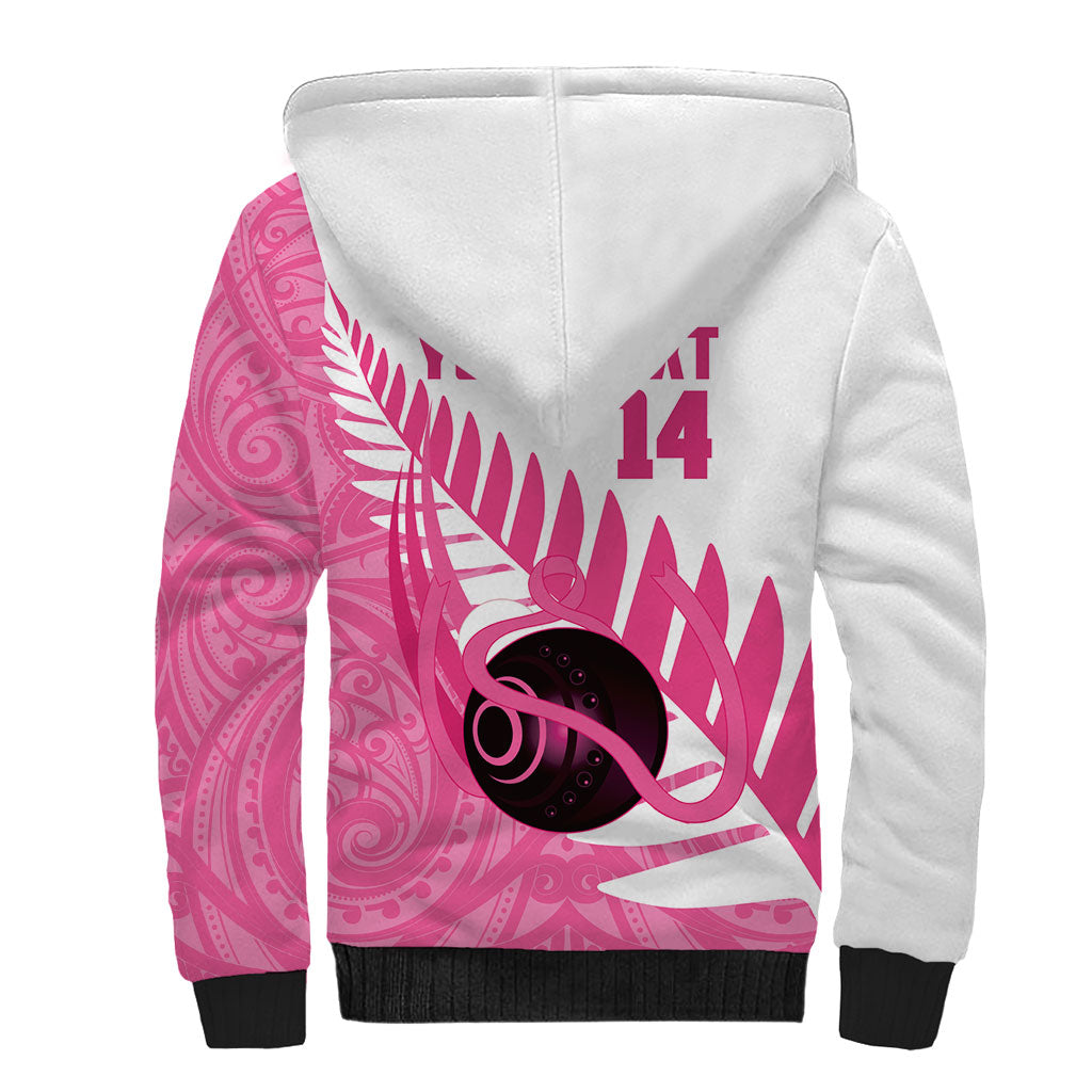 New Zealand Lawn Bowls Breast Cancer Custom Sherpa Hoodie Aotearoa Maori Silver Fern Pink Ribbon