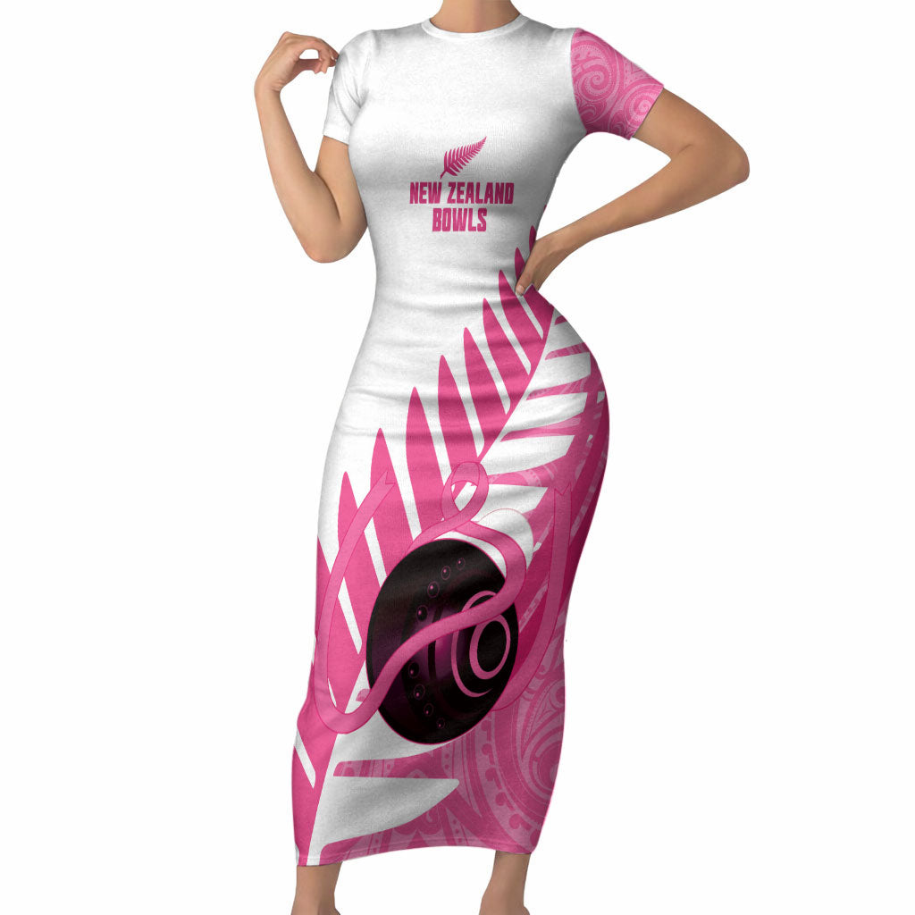 New Zealand Lawn Bowls Breast Cancer Custom Short Sleeve Bodycon Dress Aotearoa Maori Silver Fern Pink Ribbon