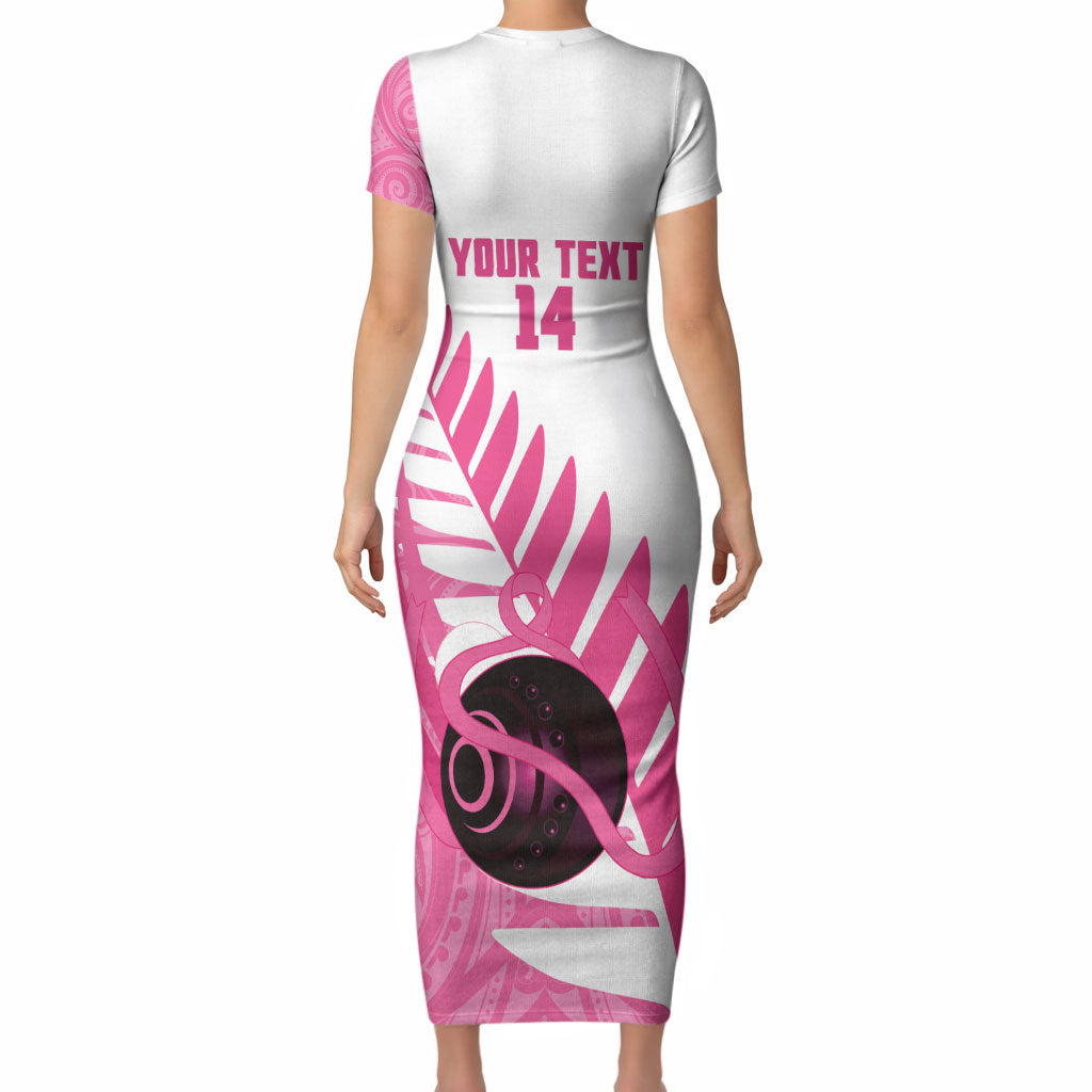 New Zealand Lawn Bowls Breast Cancer Custom Short Sleeve Bodycon Dress Aotearoa Maori Silver Fern Pink Ribbon
