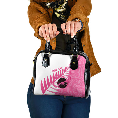 New Zealand Lawn Bowls Breast Cancer Custom Shoulder Handbag Aotearoa Maori Silver Fern Pink Ribbon