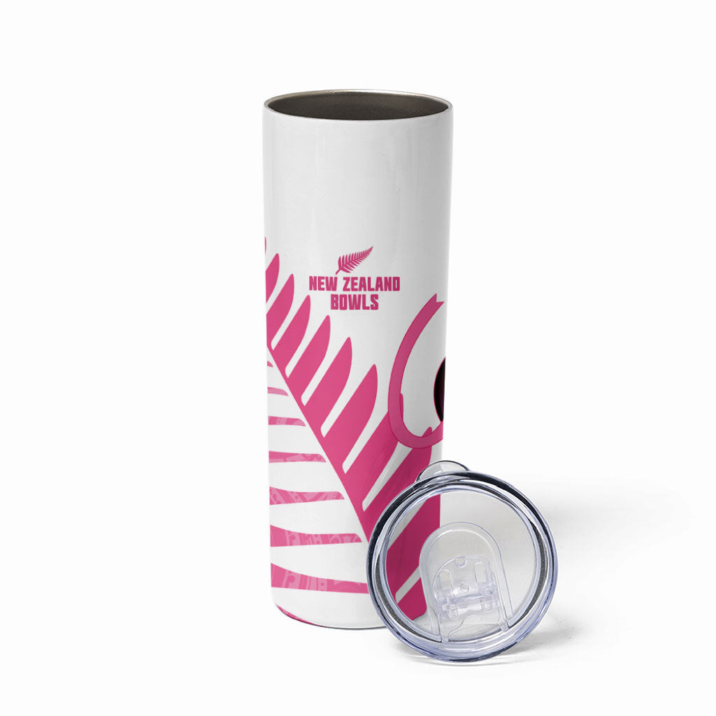 New Zealand Lawn Bowls Breast Cancer Custom Skinny Tumbler Aotearoa Maori Silver Fern Pink Ribbon