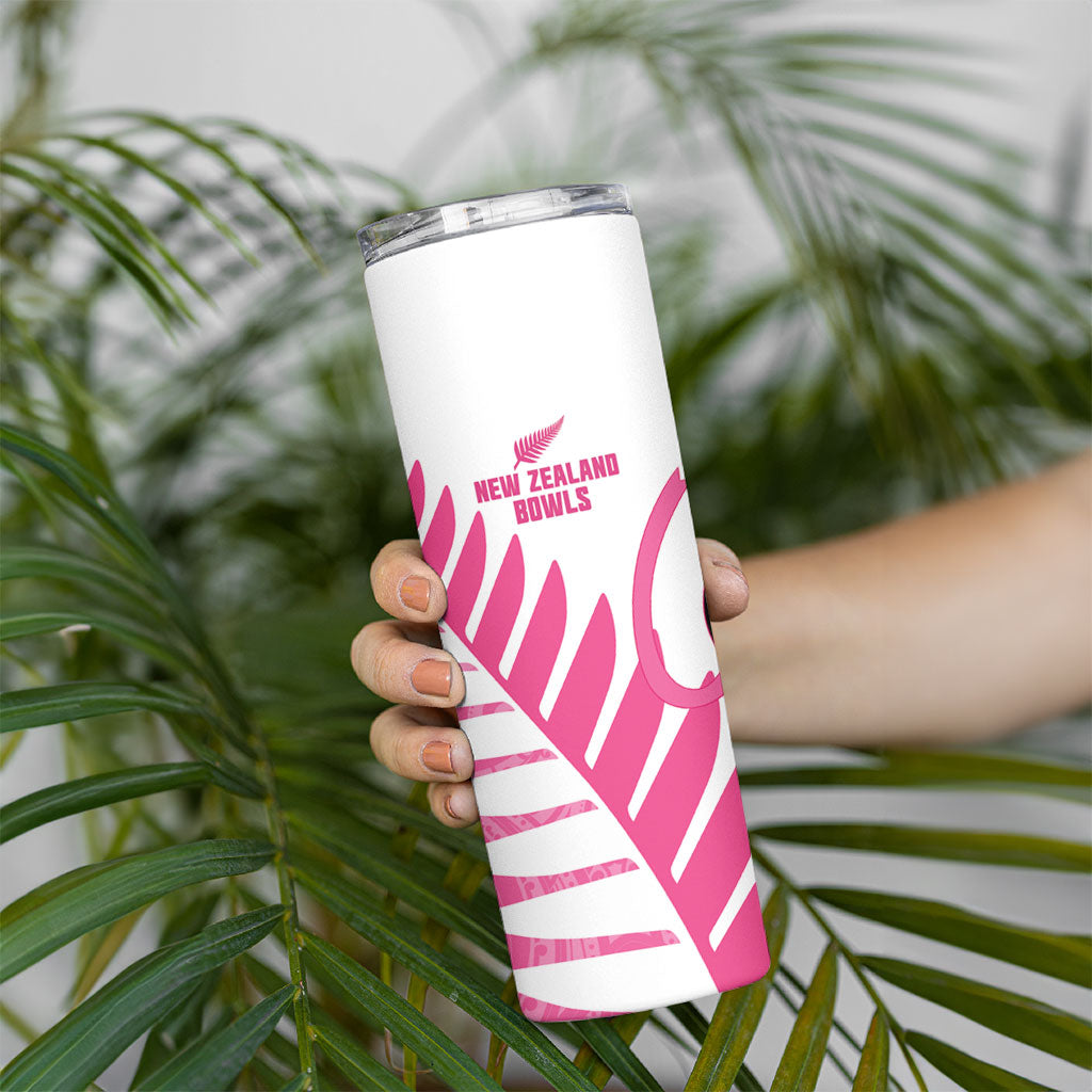 New Zealand Lawn Bowls Breast Cancer Custom Skinny Tumbler Aotearoa Maori Silver Fern Pink Ribbon