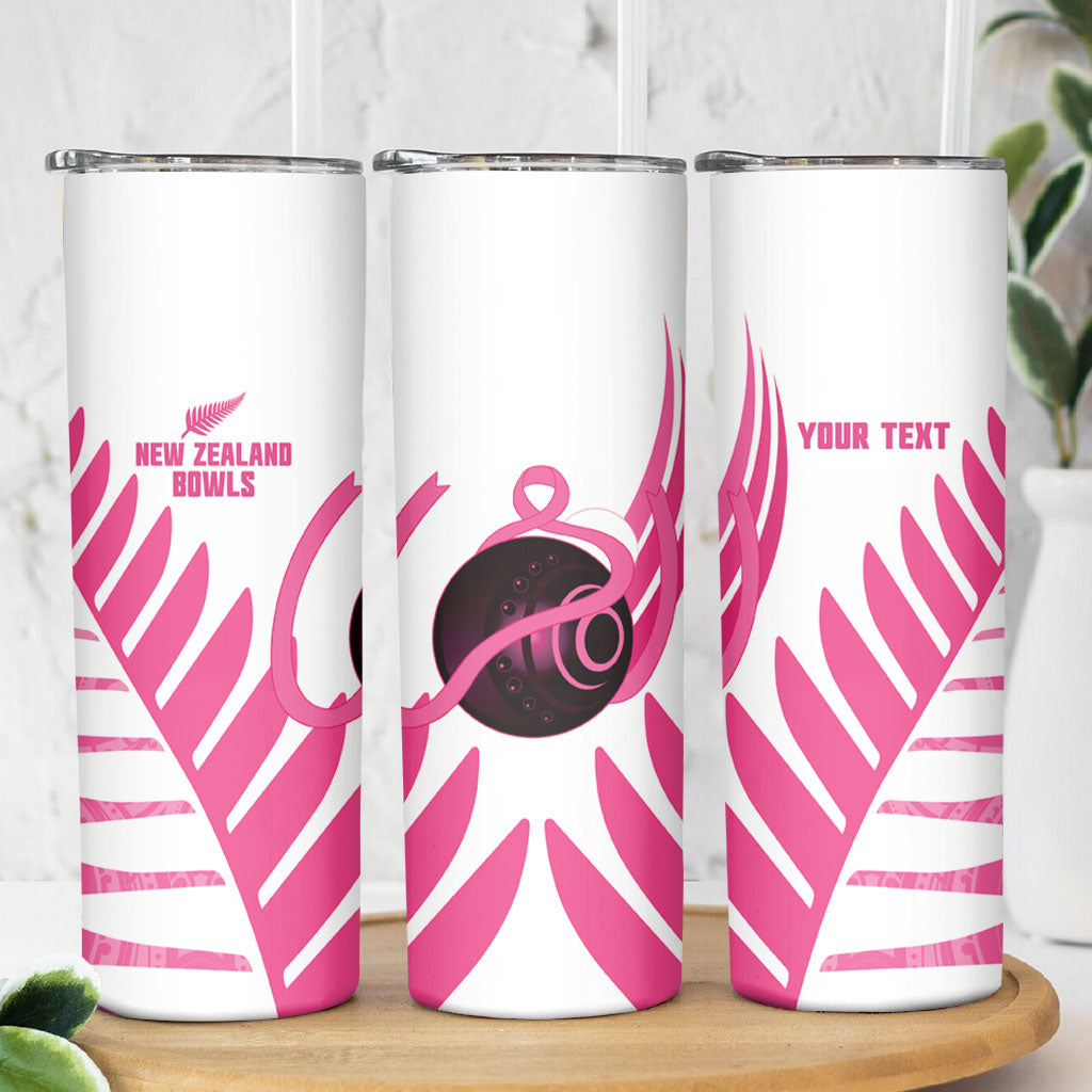 New Zealand Lawn Bowls Breast Cancer Custom Skinny Tumbler Aotearoa Maori Silver Fern Pink Ribbon