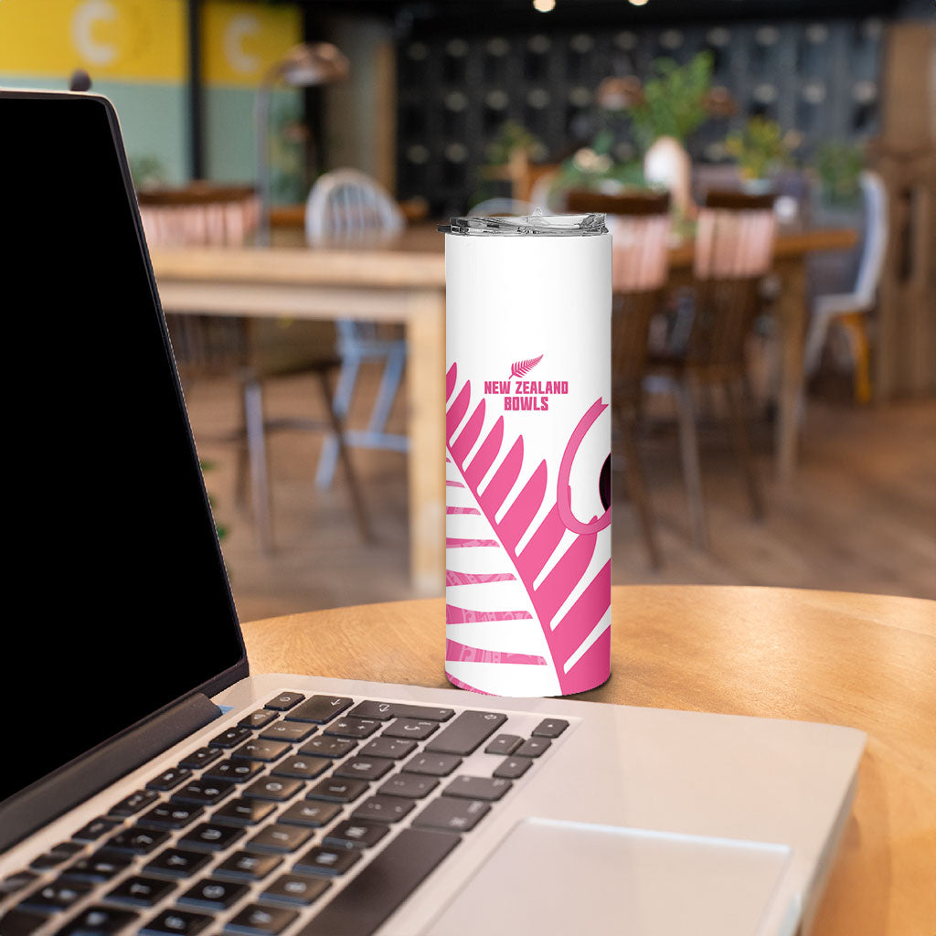 New Zealand Lawn Bowls Breast Cancer Custom Skinny Tumbler Aotearoa Maori Silver Fern Pink Ribbon