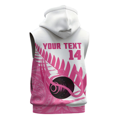 New Zealand Lawn Bowls Breast Cancer Custom Sleeveless Hoodie Aotearoa Maori Silver Fern Pink Ribbon