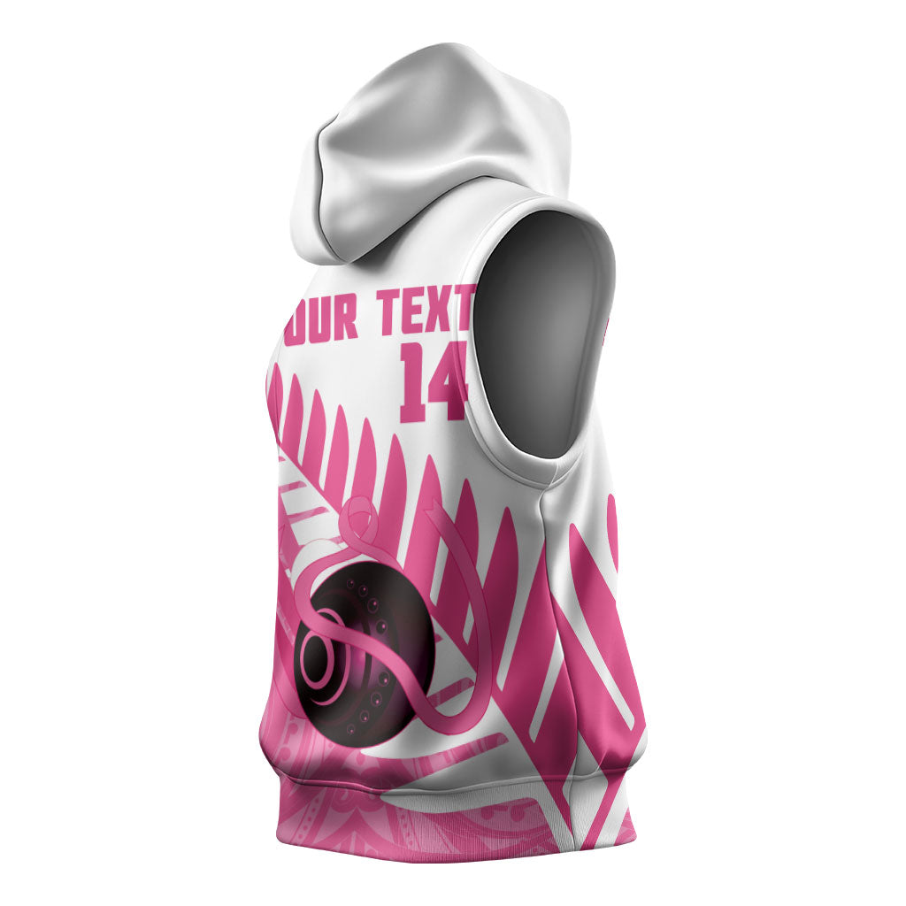 New Zealand Lawn Bowls Breast Cancer Custom Sleeveless Hoodie Aotearoa Maori Silver Fern Pink Ribbon