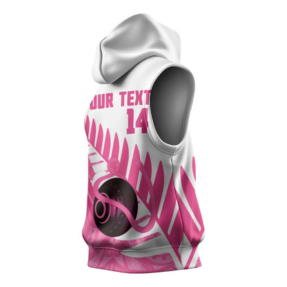 New Zealand Lawn Bowls Breast Cancer Custom Sleeveless Hoodie Aotearoa Maori Silver Fern Pink Ribbon