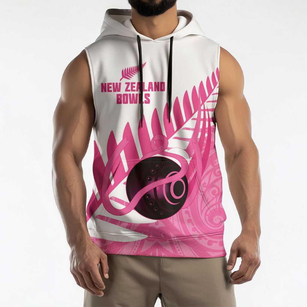 New Zealand Lawn Bowls Breast Cancer Custom Sleeveless Hoodie Aotearoa Maori Silver Fern Pink Ribbon