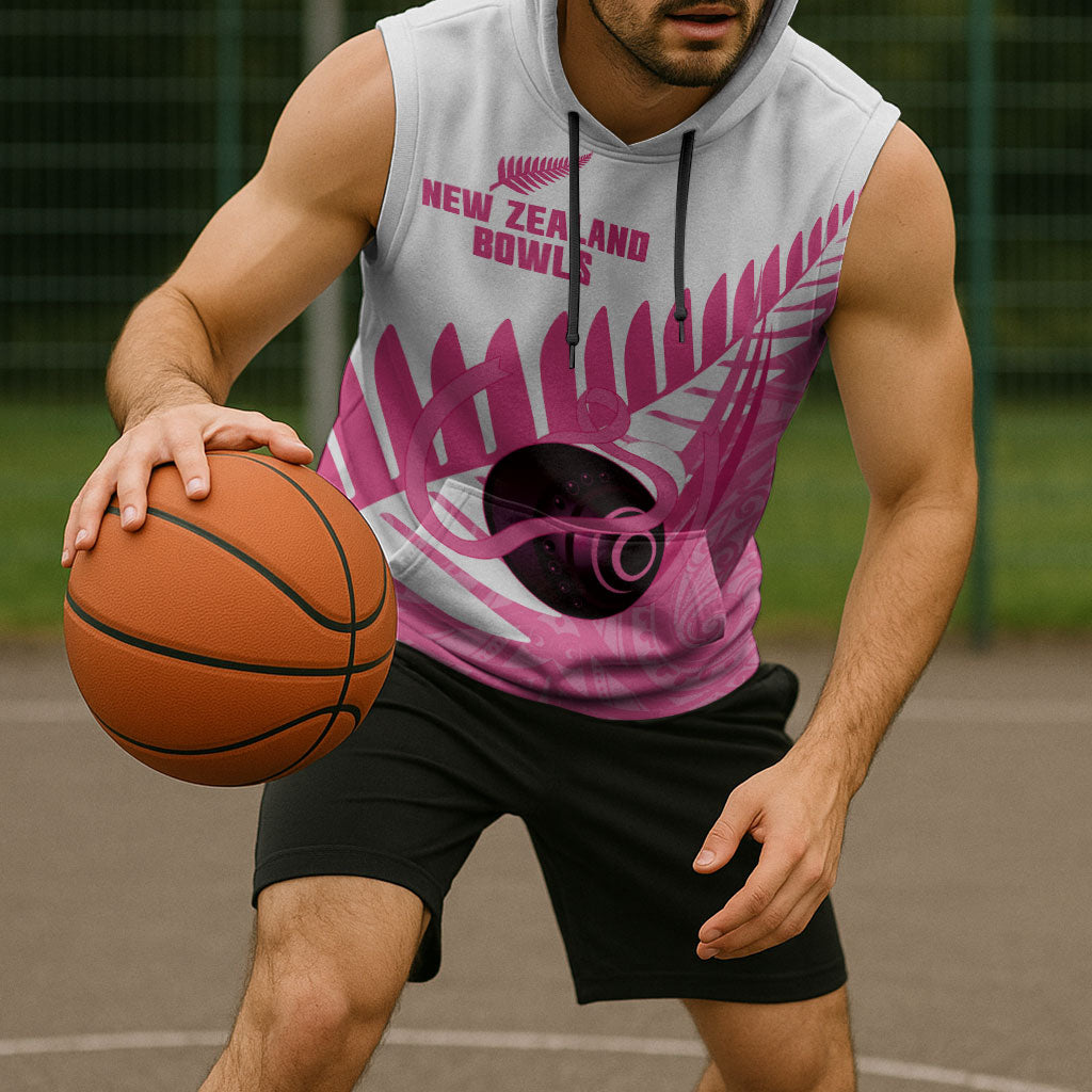 New Zealand Lawn Bowls Breast Cancer Custom Sleeveless Hoodie Aotearoa Maori Silver Fern Pink Ribbon