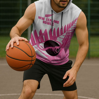 New Zealand Lawn Bowls Breast Cancer Custom Sleeveless Hoodie Aotearoa Maori Silver Fern Pink Ribbon