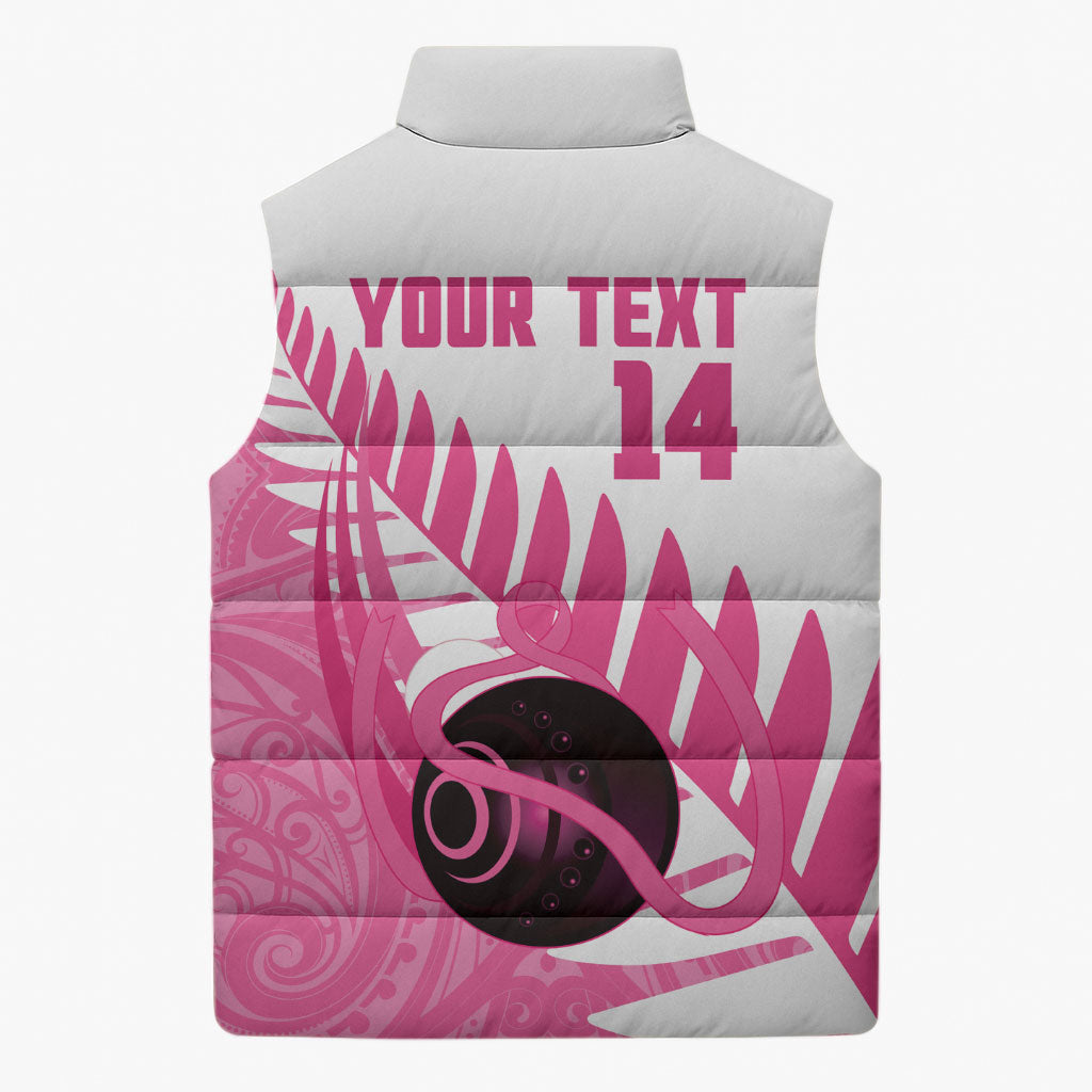 New Zealand Lawn Bowls Breast Cancer Custom Sleeveless Puffer Jacket Aotearoa Maori Silver Fern Pink Ribbon