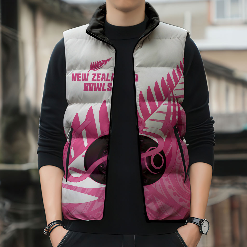 New Zealand Lawn Bowls Breast Cancer Custom Sleeveless Puffer Jacket Aotearoa Maori Silver Fern Pink Ribbon