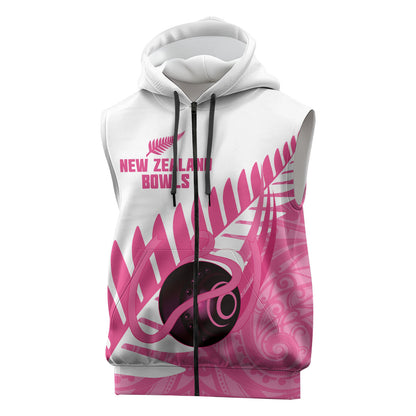 New Zealand Lawn Bowls Breast Cancer Custom Sleeveless Zip Hoodie Aotearoa Maori Silver Fern Pink Ribbon