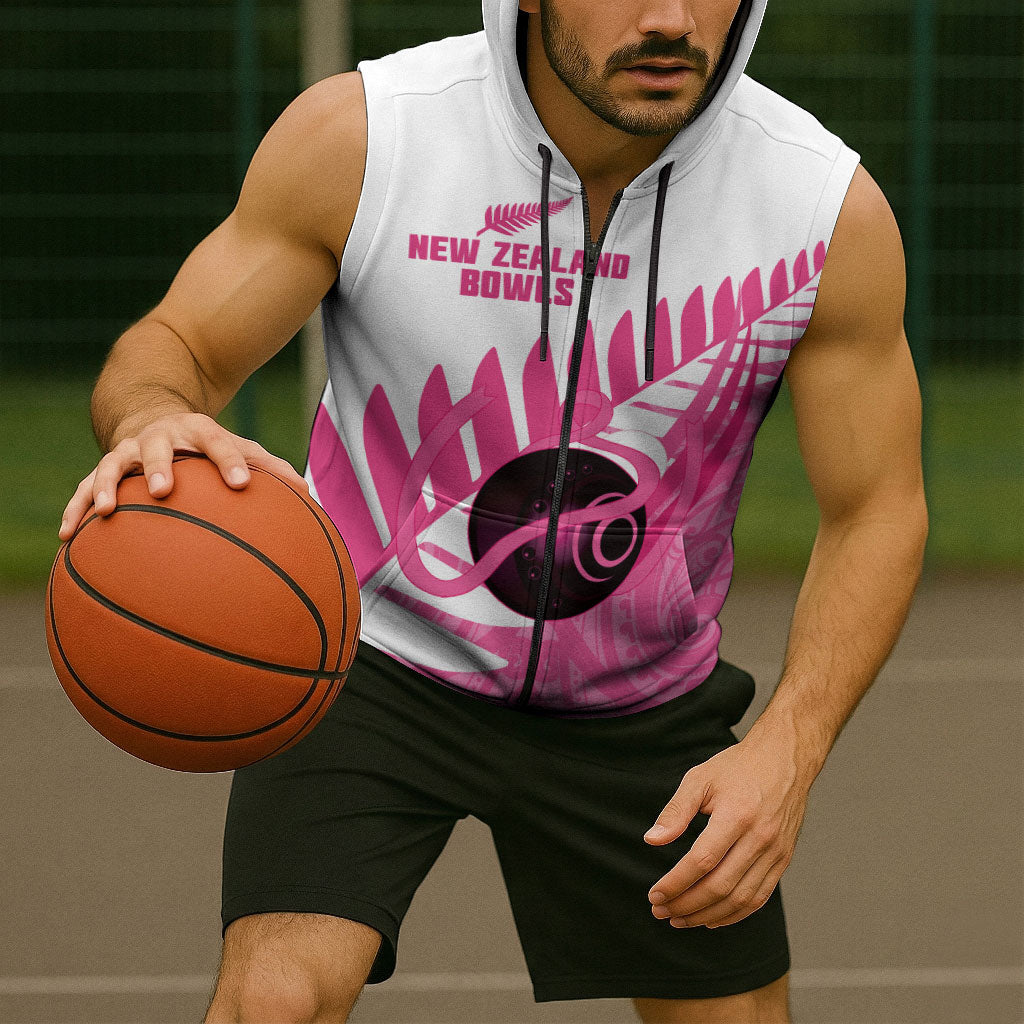 New Zealand Lawn Bowls Breast Cancer Custom Sleeveless Zip Hoodie Aotearoa Maori Silver Fern Pink Ribbon