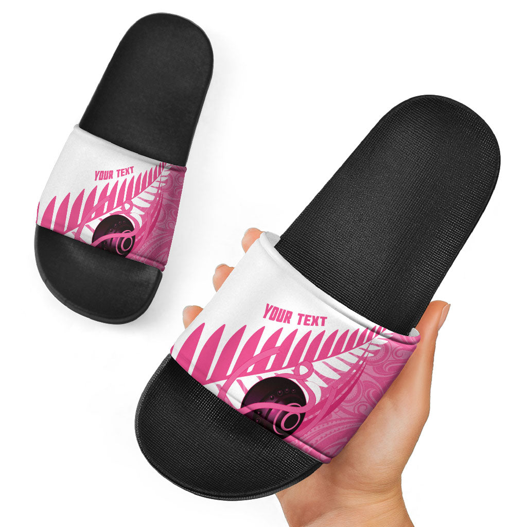 New Zealand Lawn Bowls Breast Cancer Custom Slide Sandals Aotearoa Maori Silver Fern Pink Ribbon
