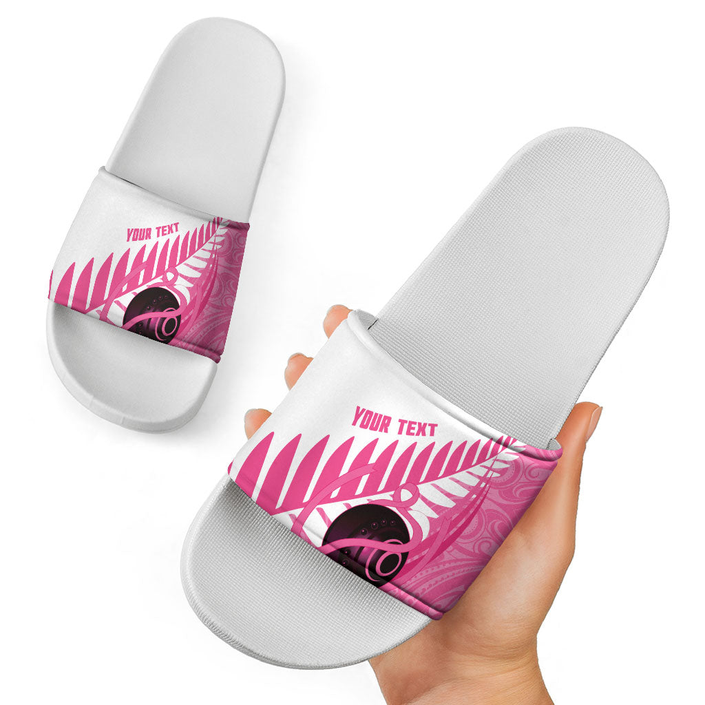 New Zealand Lawn Bowls Breast Cancer Custom Slide Sandals Aotearoa Maori Silver Fern Pink Ribbon