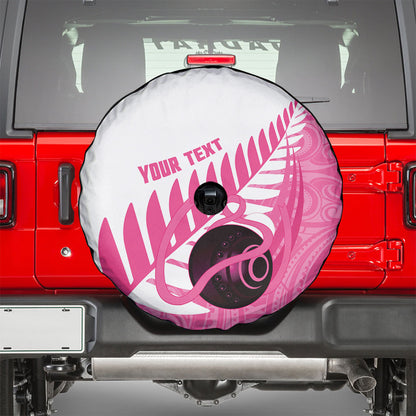 New Zealand Lawn Bowls Breast Cancer Custom Spare Tire Cover Aotearoa Maori Silver Fern Pink Ribbon