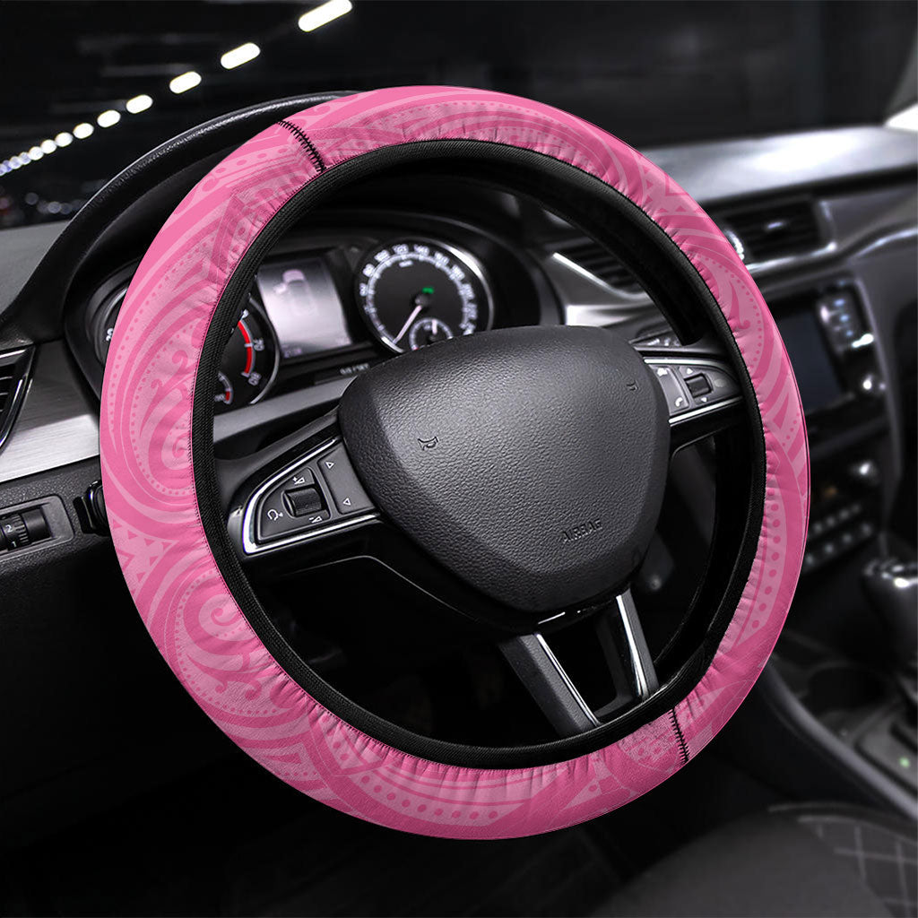 New Zealand Lawn Bowls Breast Cancer Steering Wheel Cover Aotearoa Maori Silver Fern Pink Ribbon