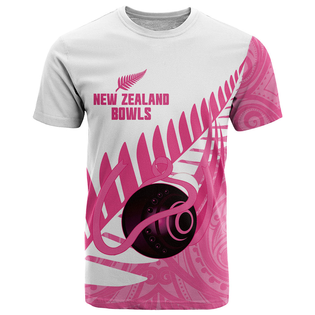 New Zealand Lawn Bowls Breast Cancer Custom T Shirt Aotearoa Maori Silver Fern Pink Ribbon