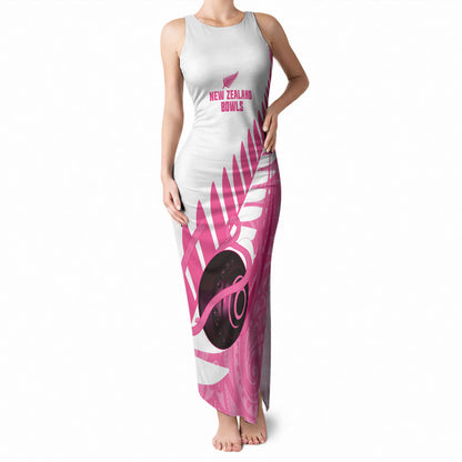 New Zealand Lawn Bowls Breast Cancer Custom Tank Maxi Dress Aotearoa Maori Silver Fern Pink Ribbon