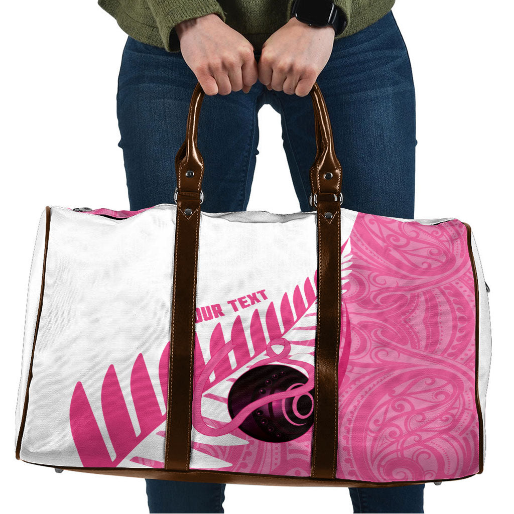 New Zealand Lawn Bowls Breast Cancer Custom Travel Bag Aotearoa Maori Silver Fern Pink Ribbon