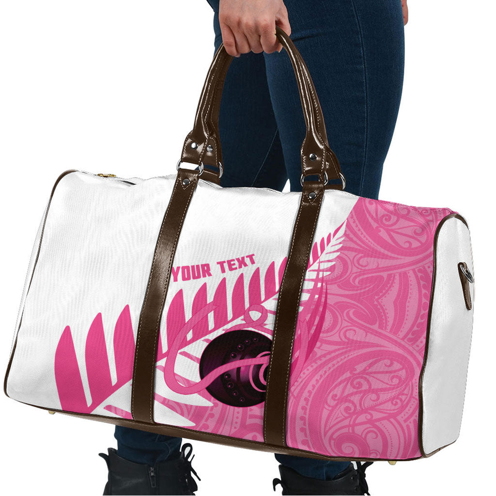 New Zealand Lawn Bowls Breast Cancer Custom Travel Bag Aotearoa Maori Silver Fern Pink Ribbon