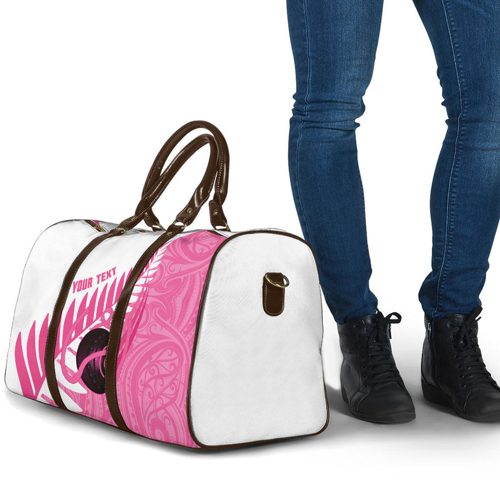New Zealand Lawn Bowls Breast Cancer Custom Travel Bag Aotearoa Maori Silver Fern Pink Ribbon