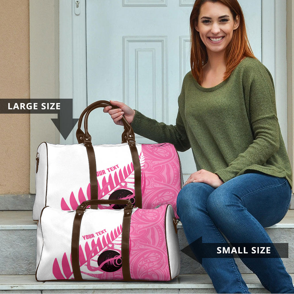New Zealand Lawn Bowls Breast Cancer Custom Travel Bag Aotearoa Maori Silver Fern Pink Ribbon
