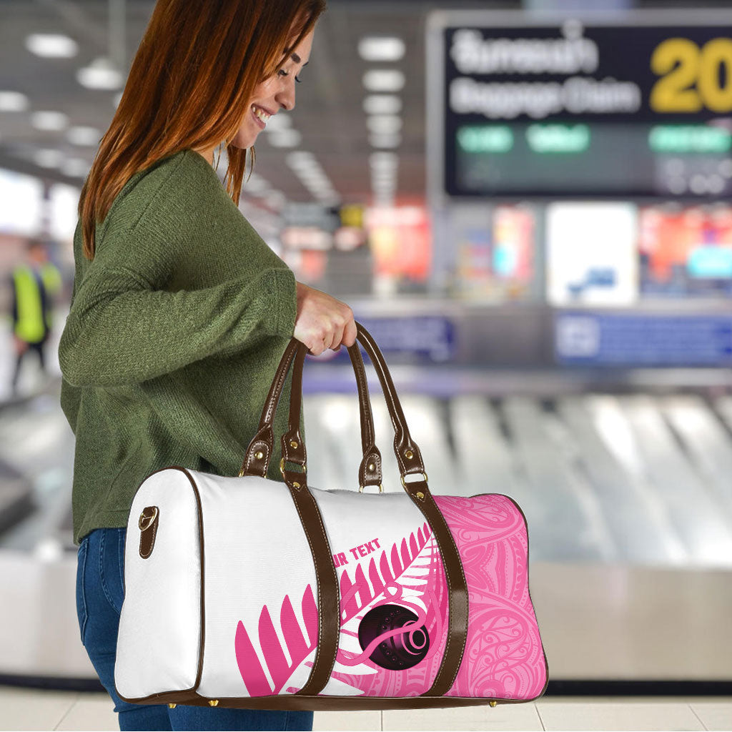 New Zealand Lawn Bowls Breast Cancer Custom Travel Bag Aotearoa Maori Silver Fern Pink Ribbon